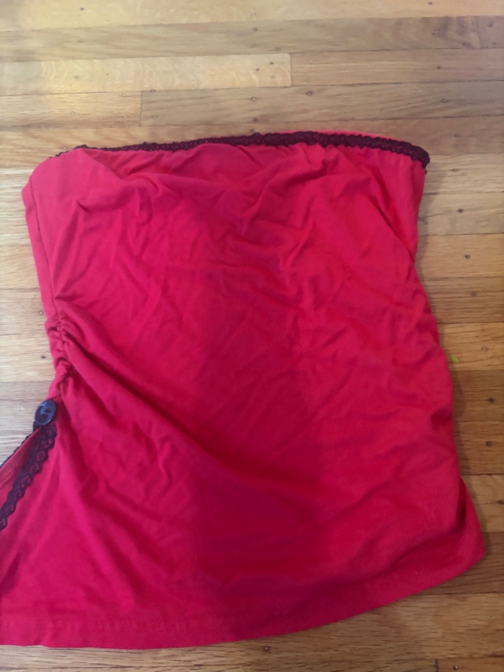 Y2K Coquette Red Strapless Tube Top with Black Lace & Side Slit (XS)
